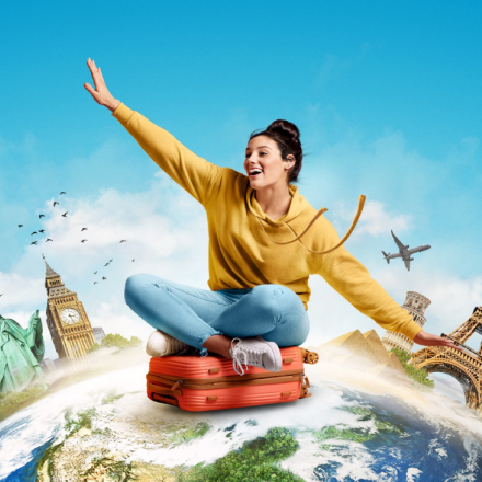 graphic of a happy woman with travel luggage